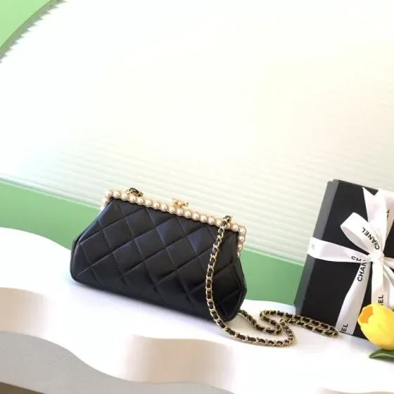 Chanel Pearl Frame Clutch With Chain Black Clutch