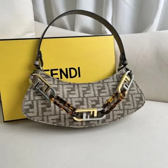 Fendi O Lock Swing Beige Brown Shoulder Bag