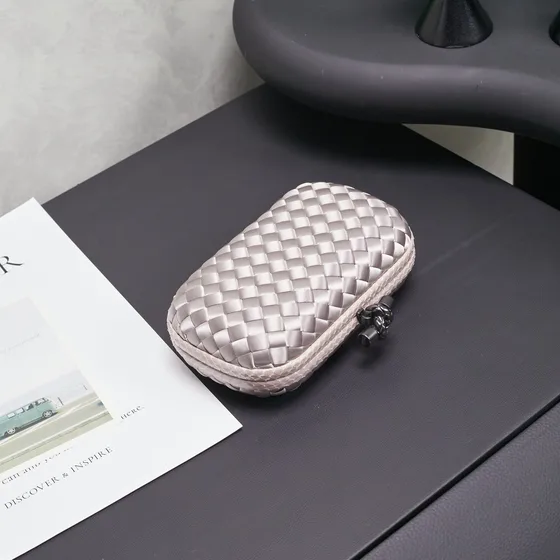Bottega Veneta Intreccio Satin Knot Clutch Silver Gray Clutch