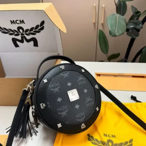 MCM Aren Visetos Round Crossbody Bag Black Crossbody