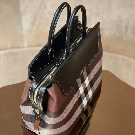Burberry Check And Leather Top Handle Bag Brown Black Top Handle