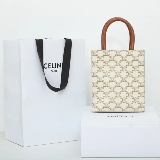 Celine Triomphe قماش Mini Vertical Cabas أبيض Tote Bag