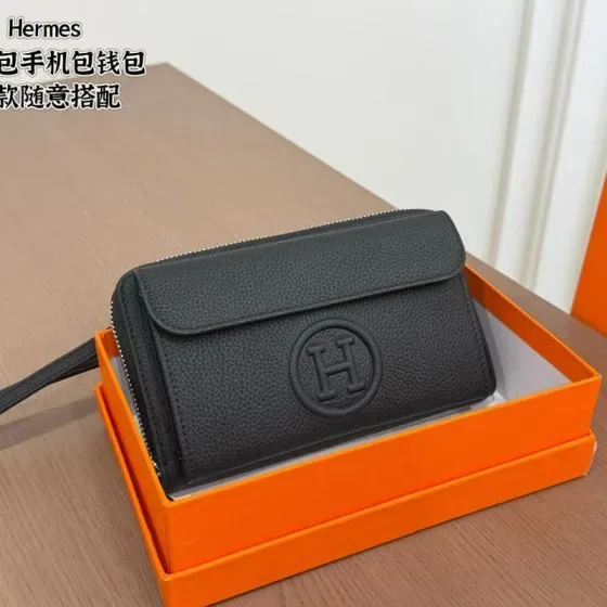 Hermes H Logo Zippy Wallet With Wrist Strap Black Wallet