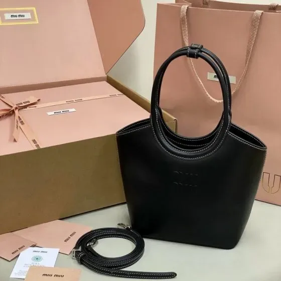 Miu Miu Leather Top Handle Basket Bag Black Top Handle