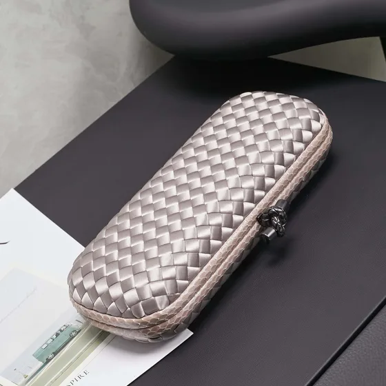 Bottega Veneta Intrecciato Satin Knot Clutch Silver Clutch