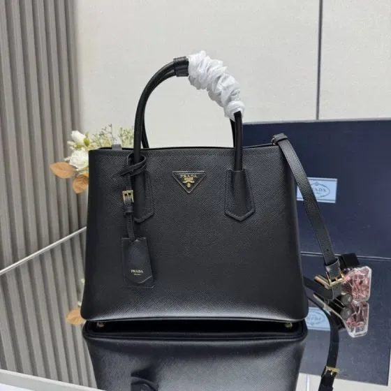 Prada Saffiano Cuir Double Bag Black Top Handle