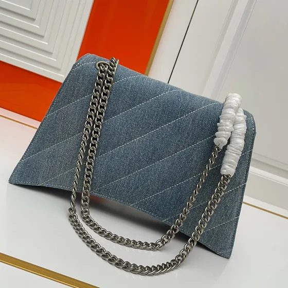 Balenciaga Crush Medium Chain Bag Quilted Denim Blue Crossbody