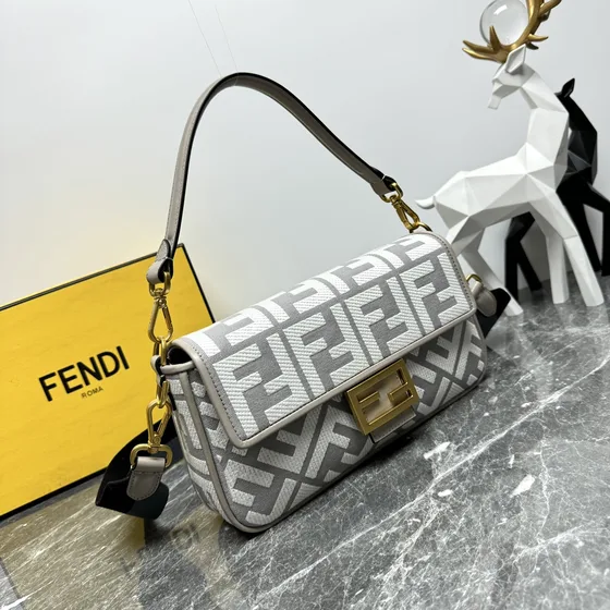 Fendi Baguette White Grey Shoulder Bag