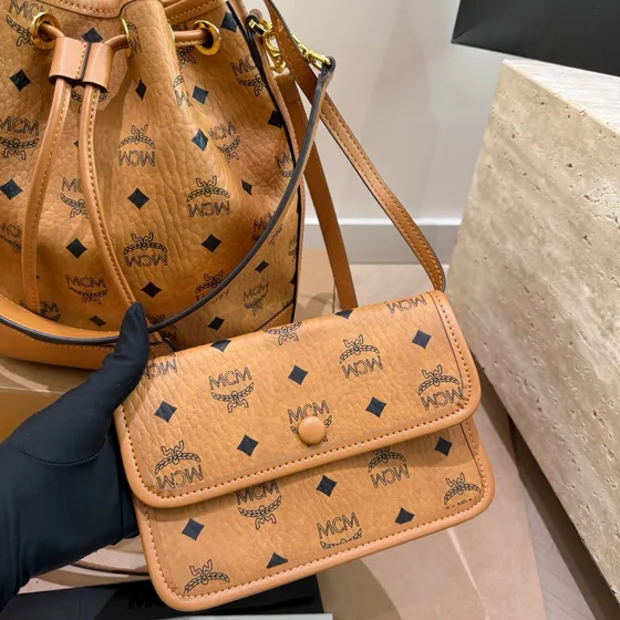 MCM Aren Drawstring Bucket Bag Cognac Crossbody