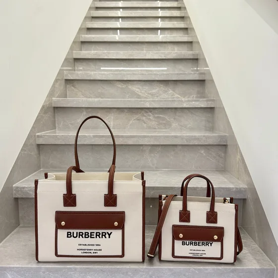 Burberry Freya Tote Natural Tan Off-White With Brown Trim Tote Bag