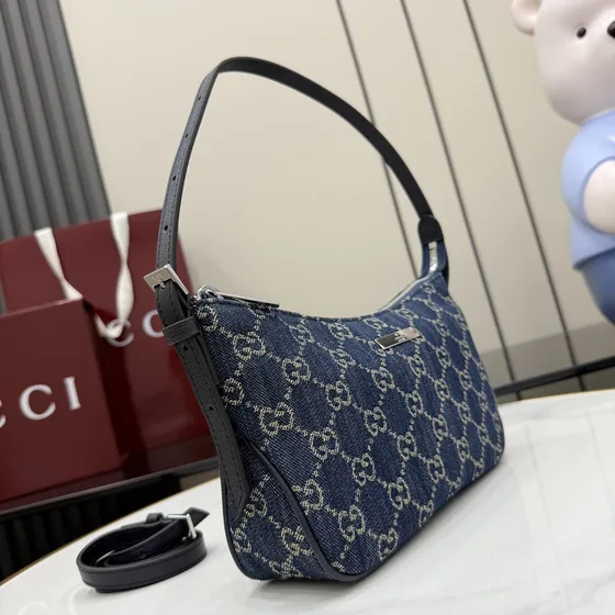 Gucci Gg Denim Small Shoulder Bag Navy Blue Shoulder Bag