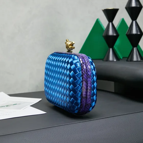 Bottega Veneta Intreccio Satin Knot Clutch Blue Clutch