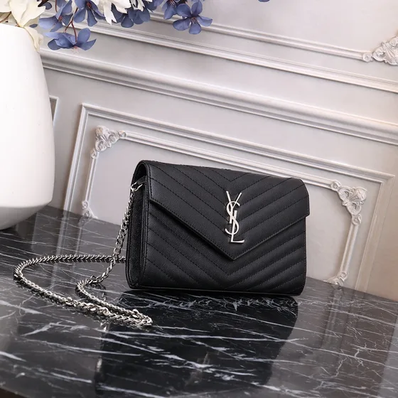 YSL Cassandre Envelope Chain Wallet Black Woc