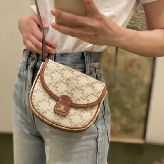Celine Besace Triomphe White Brown Crossbody