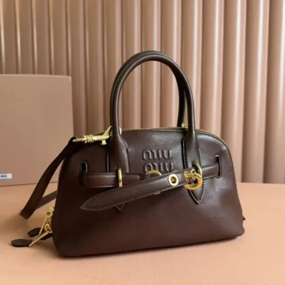Miu Miu Leather Top Handle Bag Dark Brown Top Handle