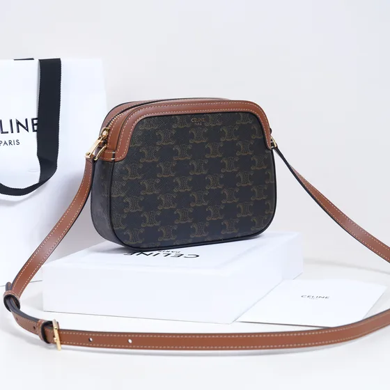 Celine Triomphe Small Camera Bag Tan With Brown Triomphe Canvas Crossbody Bag