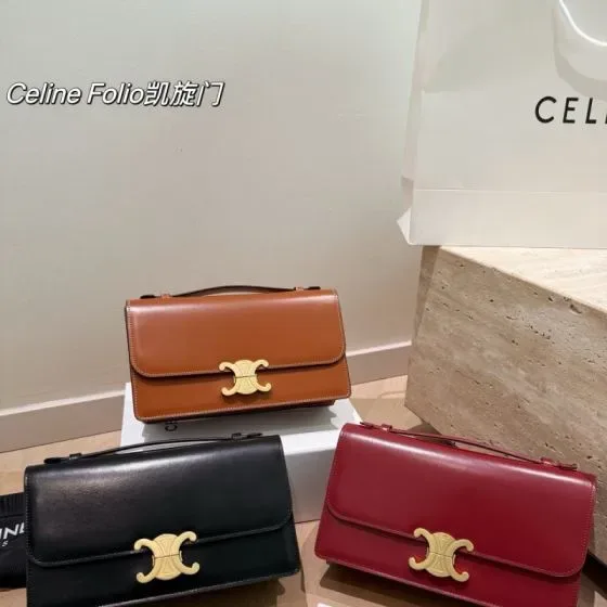 Celine Triomphe Folio Hitam/Coklat/Merah Top Handle