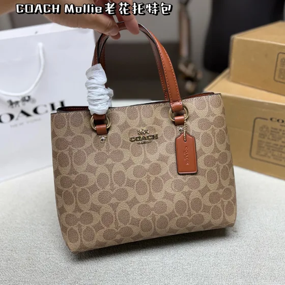 Coach Mollie Tote Marrón Signature Coated Lona With Negro Bolso tote
