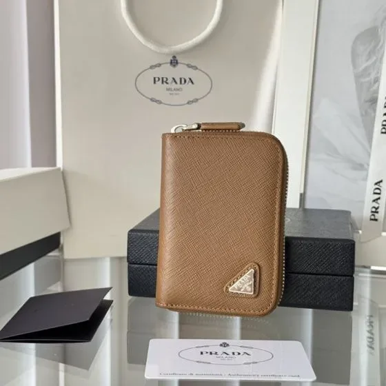 Prada Saffiano Leather Zip Key Case Camel Brown Coin Purse