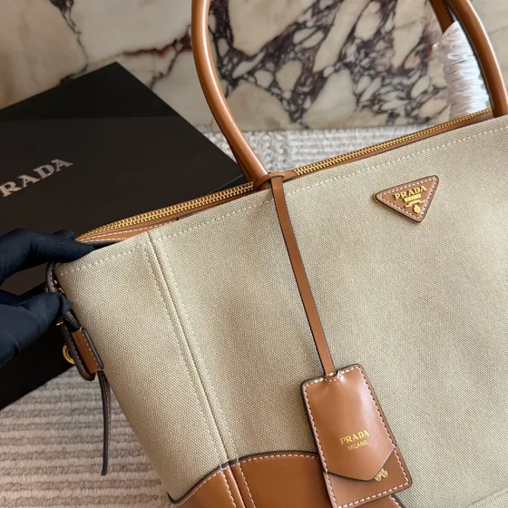 Prada Lona Couro Trimmed Bolsa tote Bege/Marrom Bolsa tote