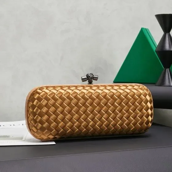 Bottega Veneta Intreccio Satin Knot Clutch Gold Clutch
