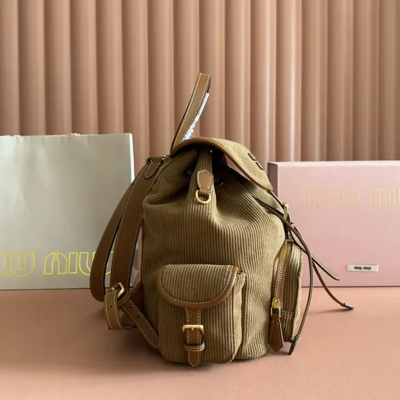 Miu Miu Corduroy Mochila Khaki Marrón Mochila