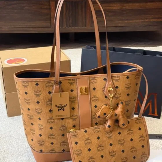 MCM Aren Visetos Shopper Tote Cognac Tote Bag