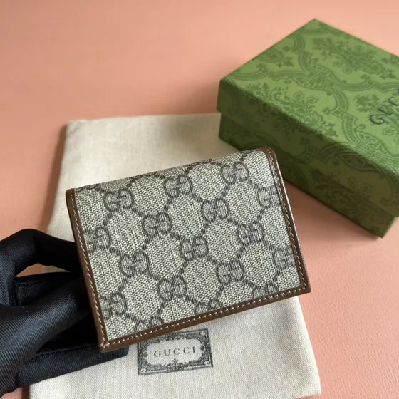 Gucci Horsebit 1955 Card Case Wallet Beige Ebony Gg Supreme With Brown Trim Wallet