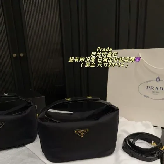 Prada Re-Nylon Top Handle Lunch Box Bag Black 23 14cm Top Handle