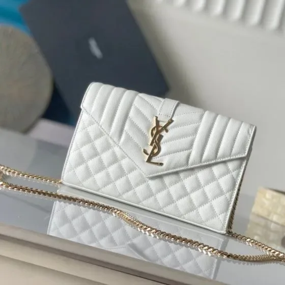 YSL Cassandre Matelass Envelope Chain Wallet White Woc
