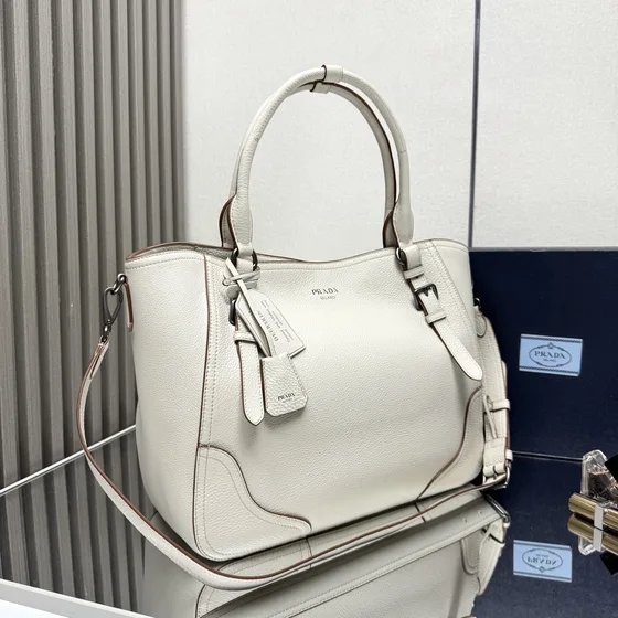 Prada Kulit Top Handle Tote With Shoulder Strap Putih Tote Bag