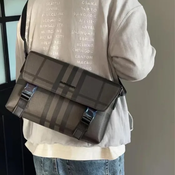 Burberry Check Messenger Bag Charcoal Gray Crossbody