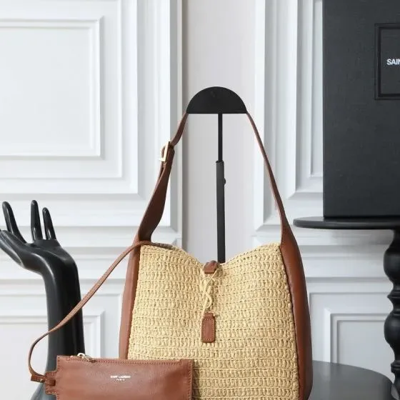 YSL Le 5 7 Supple Hobo Bag In Raffia And Leather Natural Raffia Brick Brown Hobo