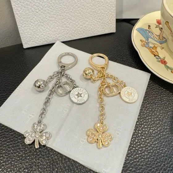 Dior Clover Lucky Key Ring Charm Silver Gold Pouch