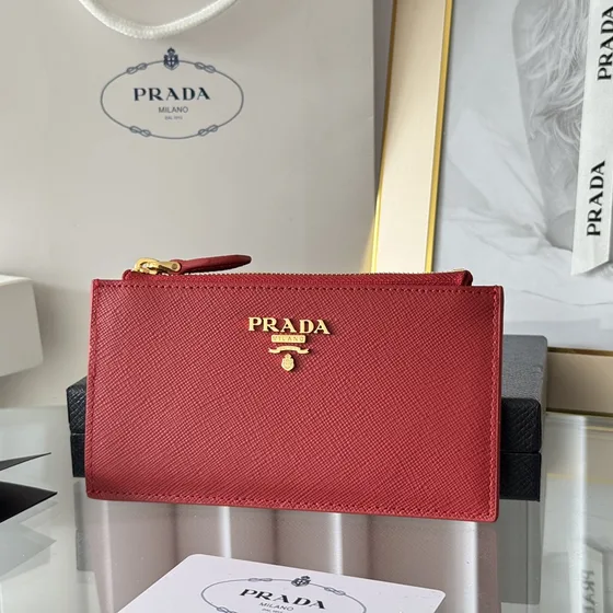 Prada Saffiano Pelle Card Holder With Zipper Rosso Card Holder