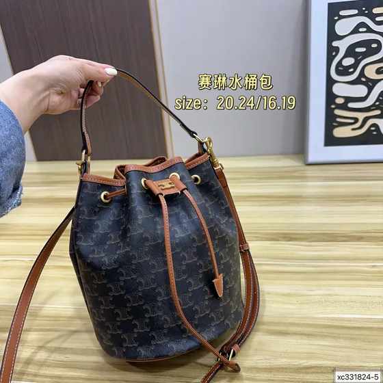 Celine Triomphe Canvas Small Bucket Bag Tan Brown Shoulder Bag