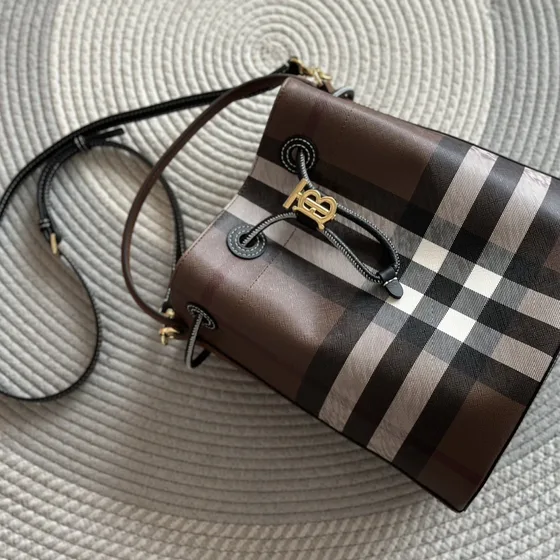 Burberry Check Drawstring Bucket Bag Brown Crossbody