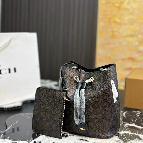Coach Rowan Bucket Bag Brown Signature Coated Canvas Beige Sign Crossbody