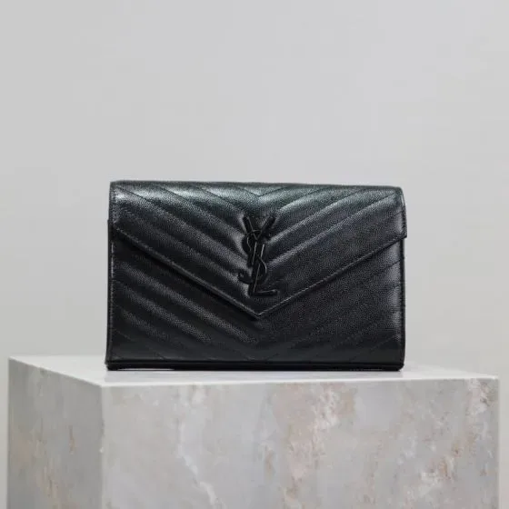 YSL Cassandre Matelass Envelope Chain Wallet Black Woc