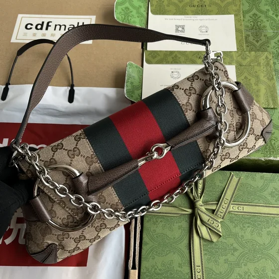 Gucci Gg Canvas Horsebit Chain Shoulder Bag With Web Stripe Beige Brown Shoulder Bag