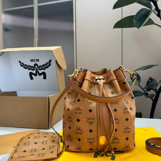 MCM Aren Visetos Drawstring Bucket Bag Black Shoulder Bag