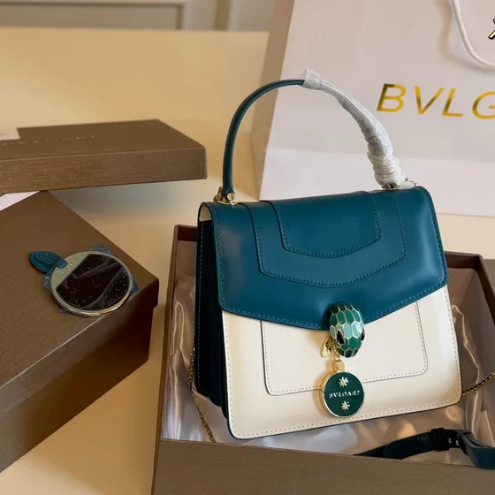 Bvlgari Serpenti Forever Top Handle Bag Color Block Teal White Top Handle