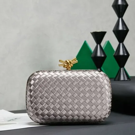 Bottega Veneta Intreccio Satin Knot Clutch Light Gray Clutch