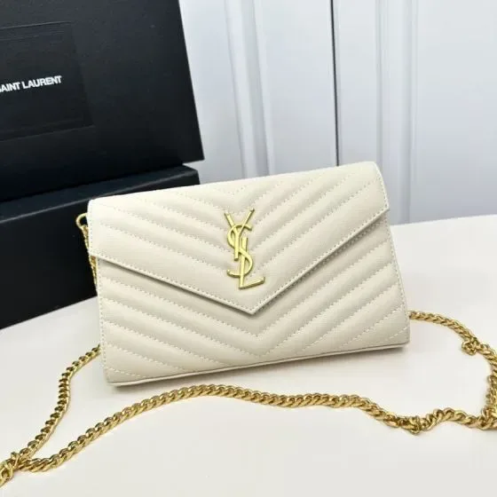 YSL Cassandre Matelass Envelope Chain Wallet White Woc