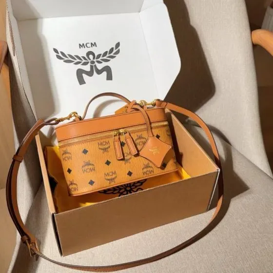 MCM Aren Visetos Cosmetic Case Crossbody Cognac Brown Crossbody