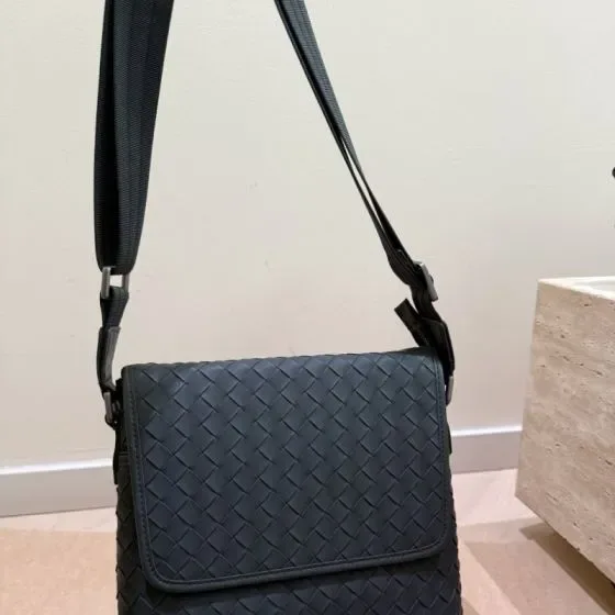 Bottega Veneta Intrecciato Flap Messenger Bag Dark Blue Crossbody