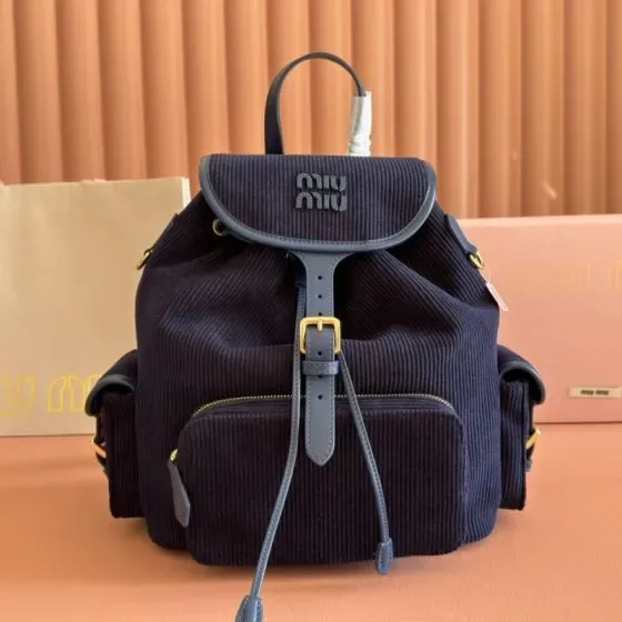 Miu Miu Corduroy Backpack Navy Blue Backpack