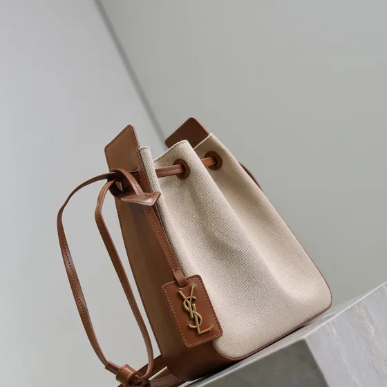 YSL Ysl Mini Tela Borsa a secchiello Beige/Marrone Borsa a spalla