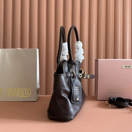 Miu Miu Adventure Nappa Kulit Bag Dark Coklat Top Handle