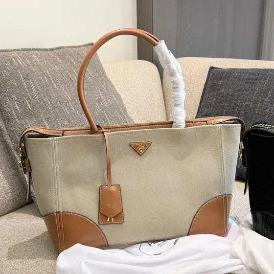 Prada Canvas Leather Tote Beige Cognac Black Tote Bag
